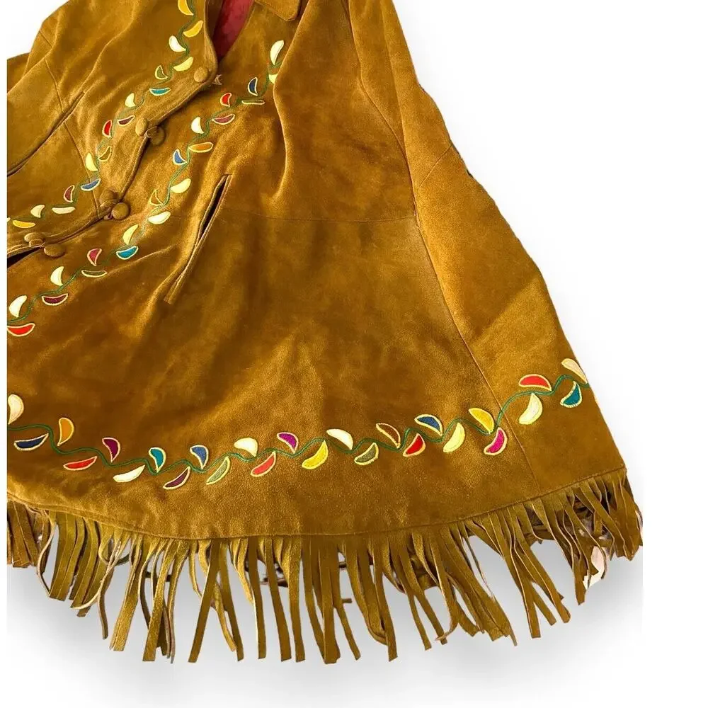 Vintage Leather Fringe Embroidered Cape Western Indian One Size Large - Picture 4 of 16